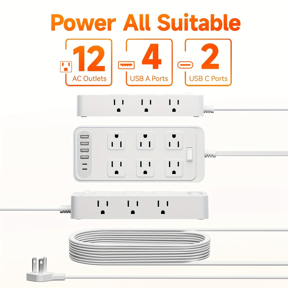 Charging Station 18-in-1 Power Strip Surge Protector 12 AC Outlets 6 USB Ports 4 USB-A 2 USB-C for an Everyday Personal Care 