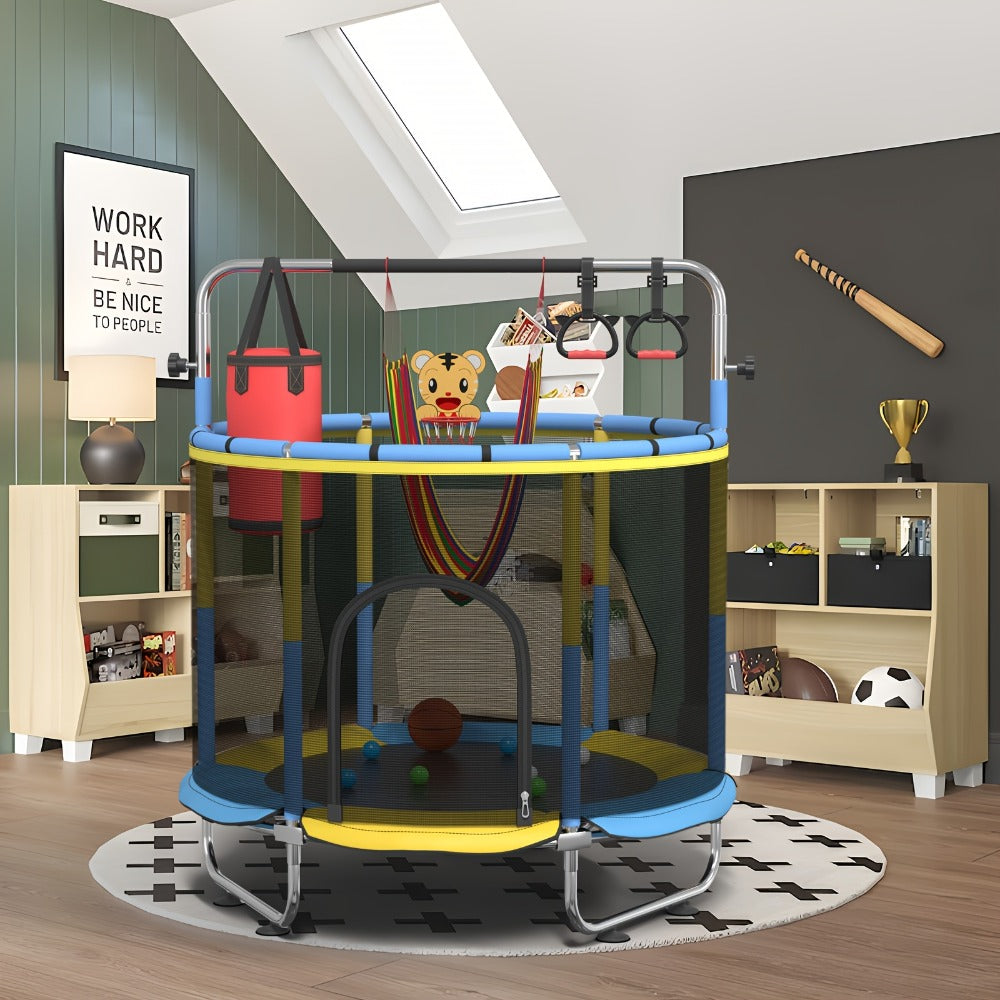 60 Inch Trampoline with Enclosure and Gymnastics Bar, Height Adjustable Indoor Outdoor Round Trampoline with Toys for Kids — 