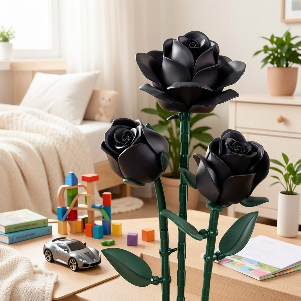 Building Block Set Black Rose Bouquet, 152-Piece Three-Flower Model with Adjustable Stems and Leaves for Display — image 6