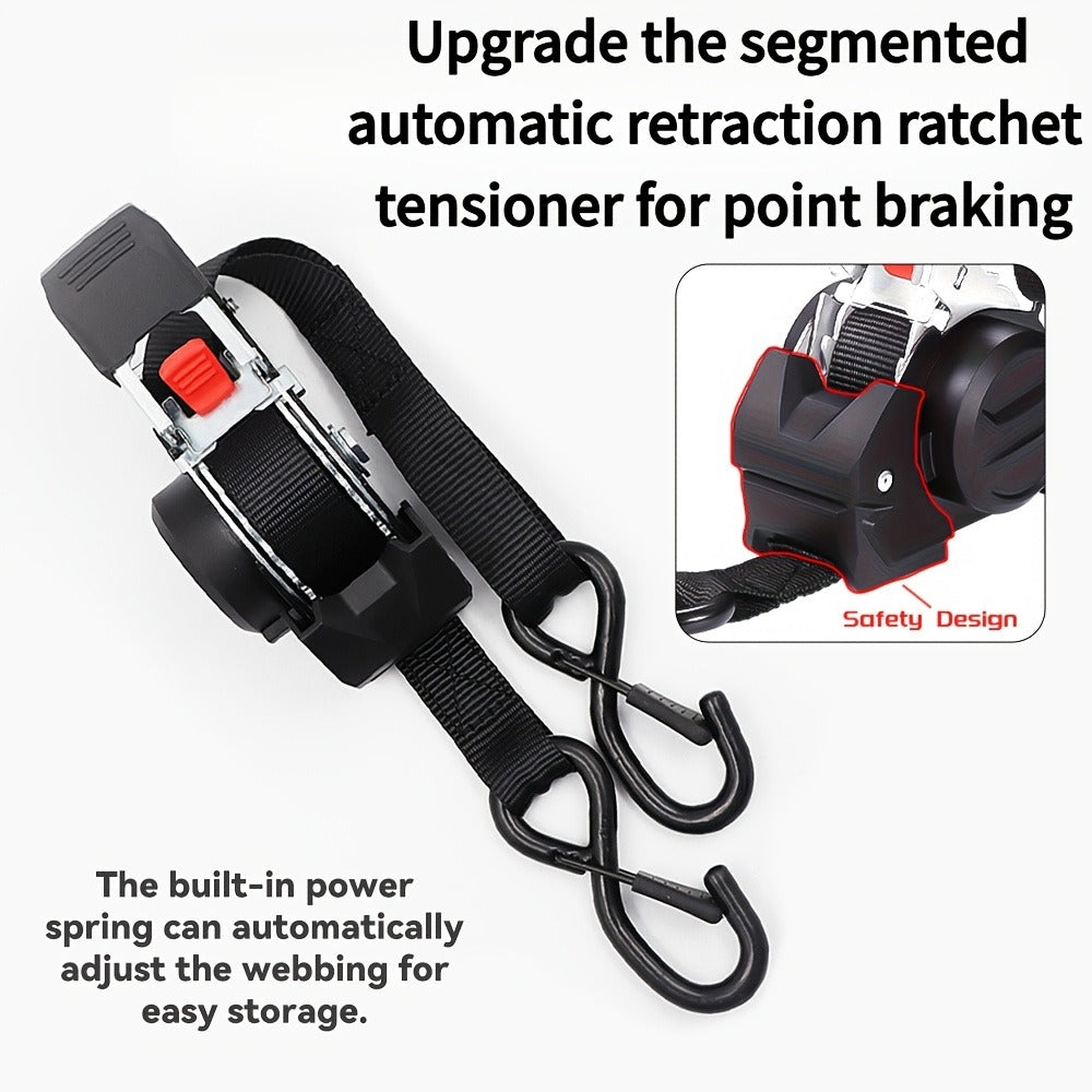Ratchet Tie-Down Straps with Auto-Retract & Speed Control – Heavy-Duty Cargo Securing Kit with Hooks & Storage Bag | Motorcyc
