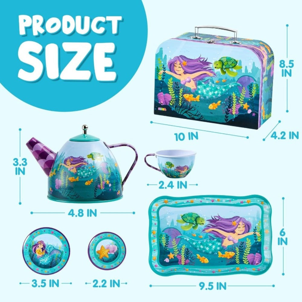 Mermaid Tea Party Set for Girls 21pcs, Tin Teapot, 4 Cups, Saucers, Plates & Carrying Case, Pretend Play Kitchen Toy for Todd