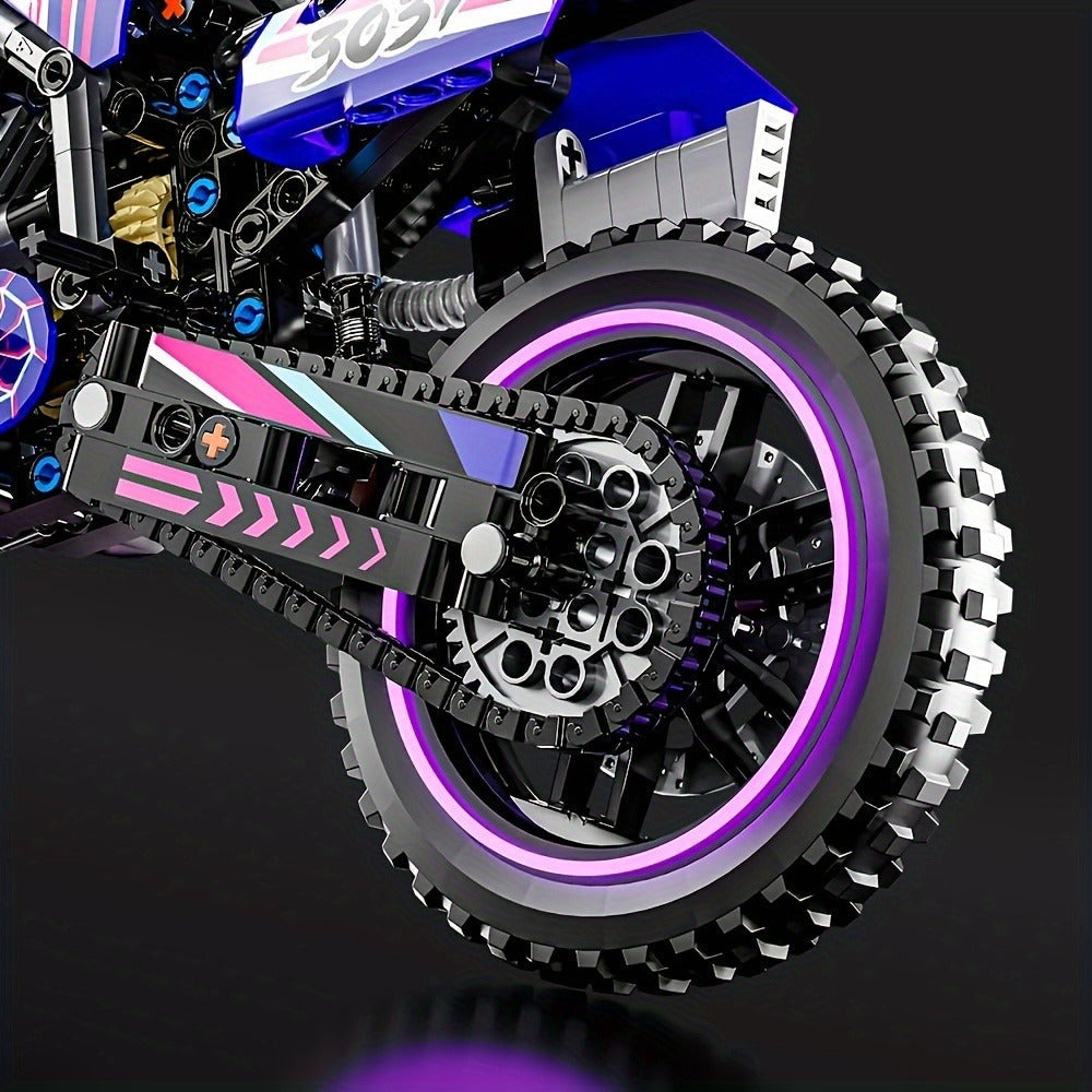 Building Block Set Off-Road Motorcycle Model, 476-Piece Purple and Black Bike with Display Dimensions and Instructions — imag