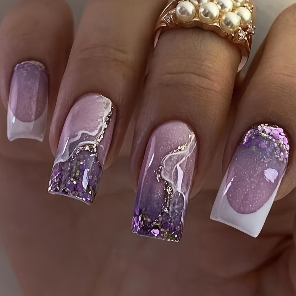 Press On Nails 216-Piece Medium Square Set with Ombre Gradient, White French-Tip and Marble Designs — image 9