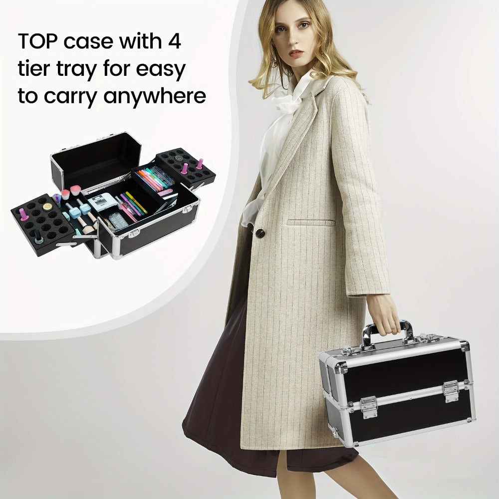 Rolling Makeup Train Case 4-in-1 Black Cosmetic Trolley with 360° Swivel Wheels & Makeup Sponges Set – Large Professional Sal