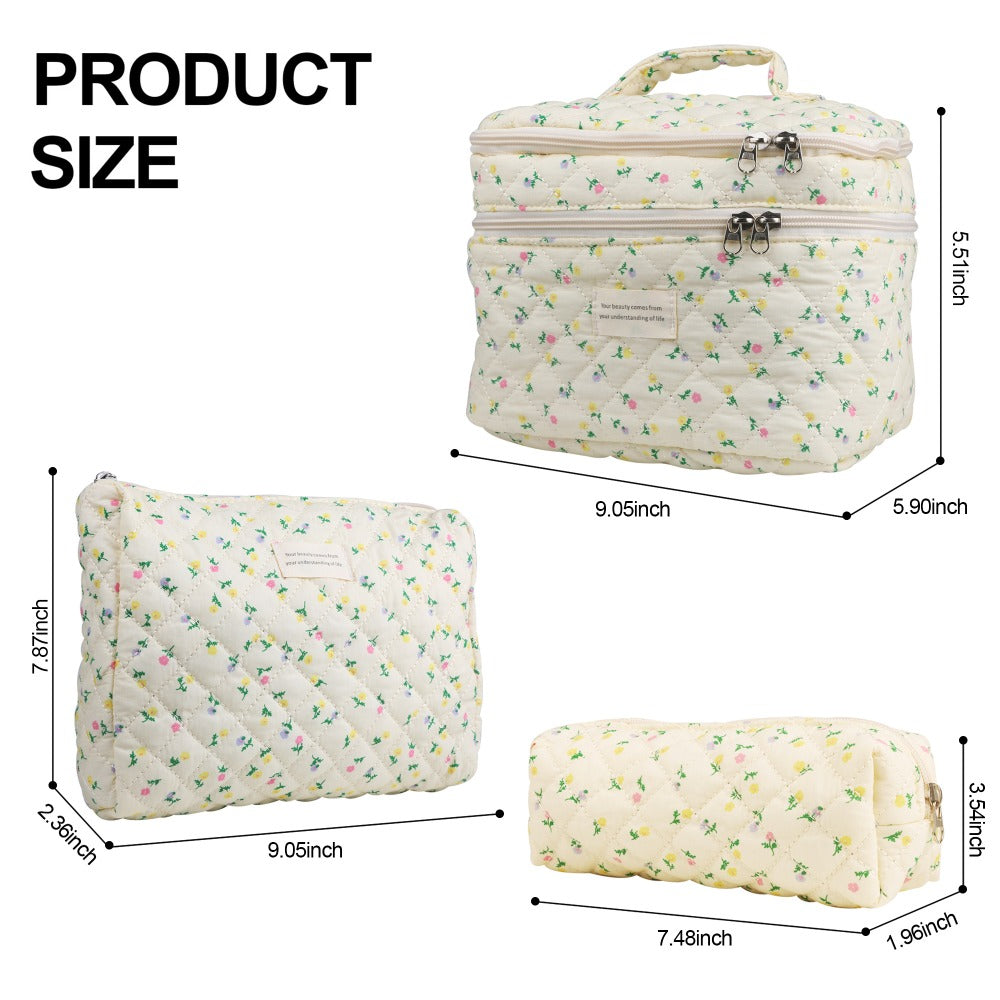 Quilted Floral Makeup Bag Set 3PCS Large Capacity Dual Layer Cotton Cosmetic Bags Coquette Aesthetic Travel Toiletry Organize