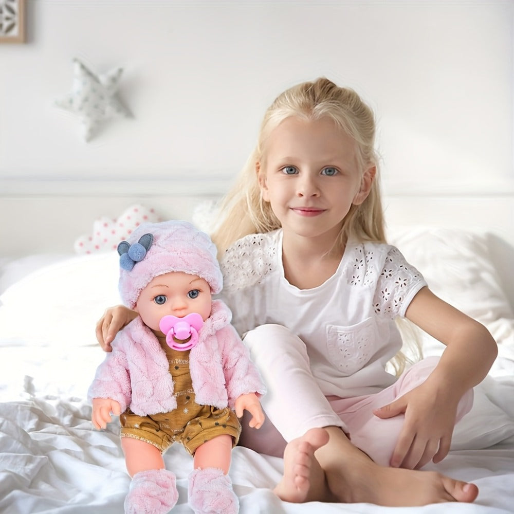 Mini Reborn Baby Doll 12 Inch Pink Plush Outfit Set – 30cm Realistic Newborn Girl Doll with Hat, Socks & Pacifier — image 7