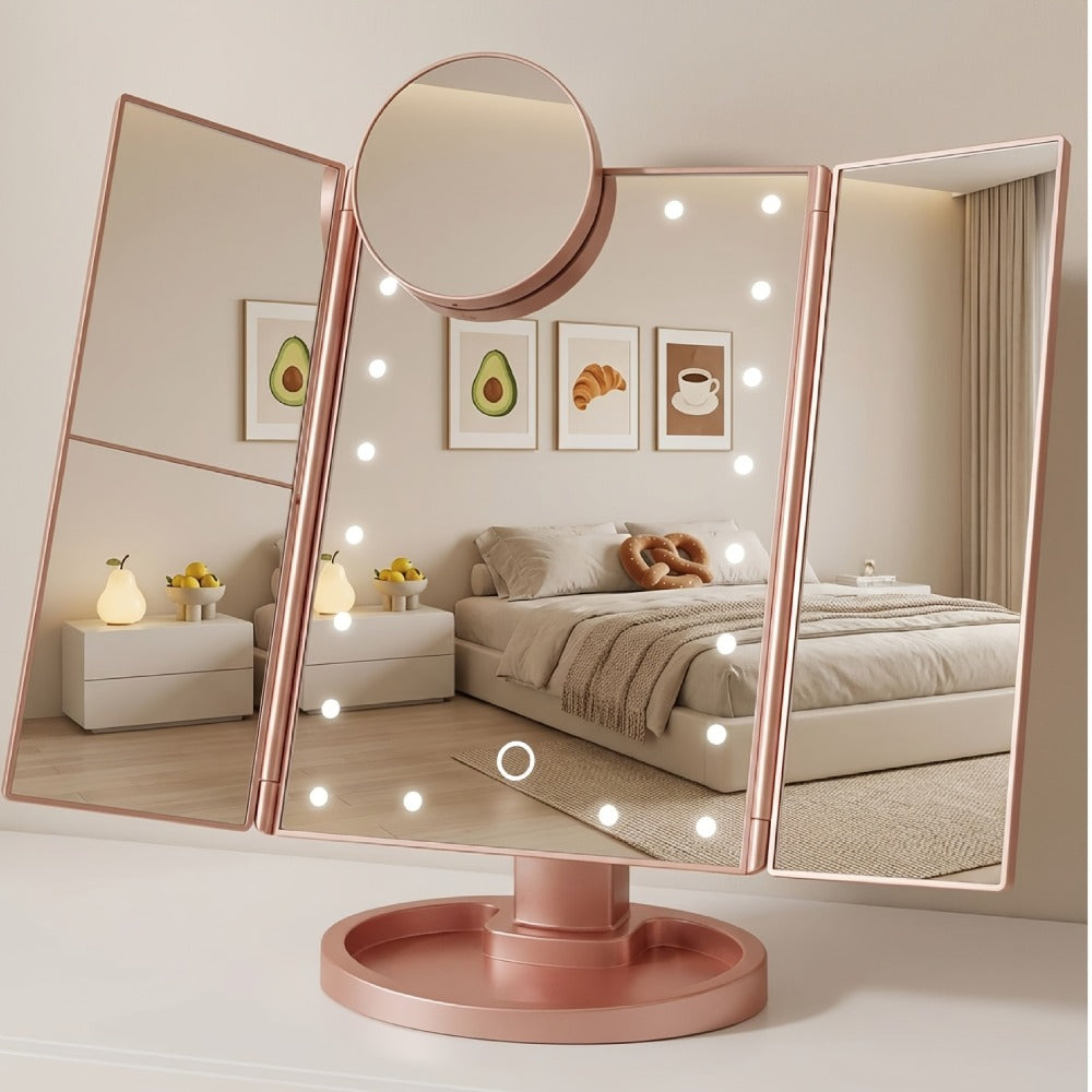 Vanity Mirror with Lights Tri-Fold 21 LED Lighted Makeup Mirror Touch Control 1X 2X 3X 10X Magnification 360 Rotation Dual Po