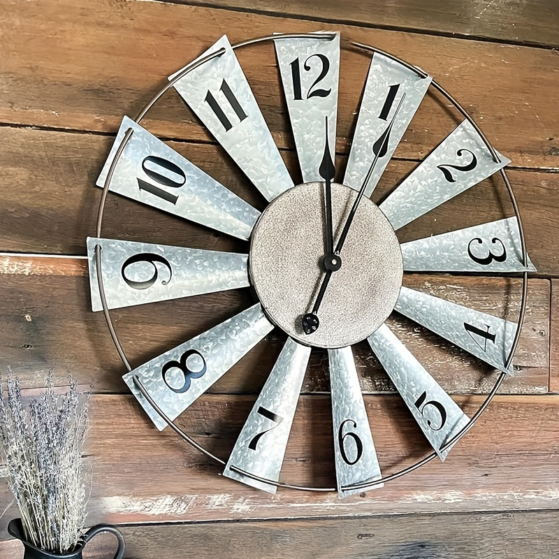 24-Inch Windmill-Style Metal Wall Clock with Galvanized-Look Silver Blades and Brown Analog Center — image 4