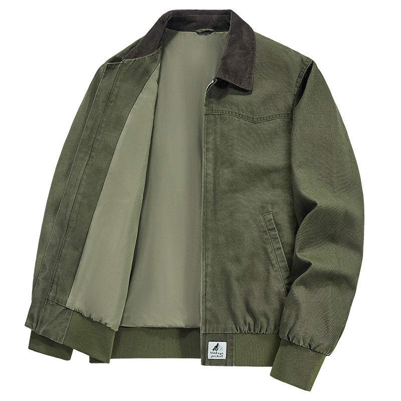 Spring And Autumn Washed Denim Work Jacket With Lapel For Young Men