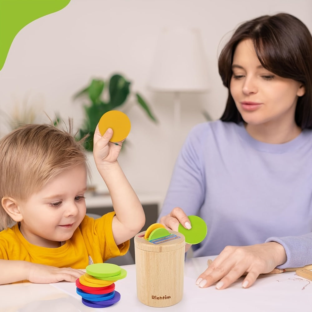 Wooden Color Sorting Coin Box Toy for Toddlers 1+, Montessori Educational Sensory Learning Toy with 10 Colorful Blocks & Stor