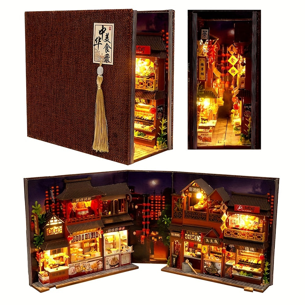 Book Nook Kit Chinese Food Street Miniature Dollhouse 3D Wooden Puzzle Bookshelf Insert DIY Model Building Set for Adults Tee