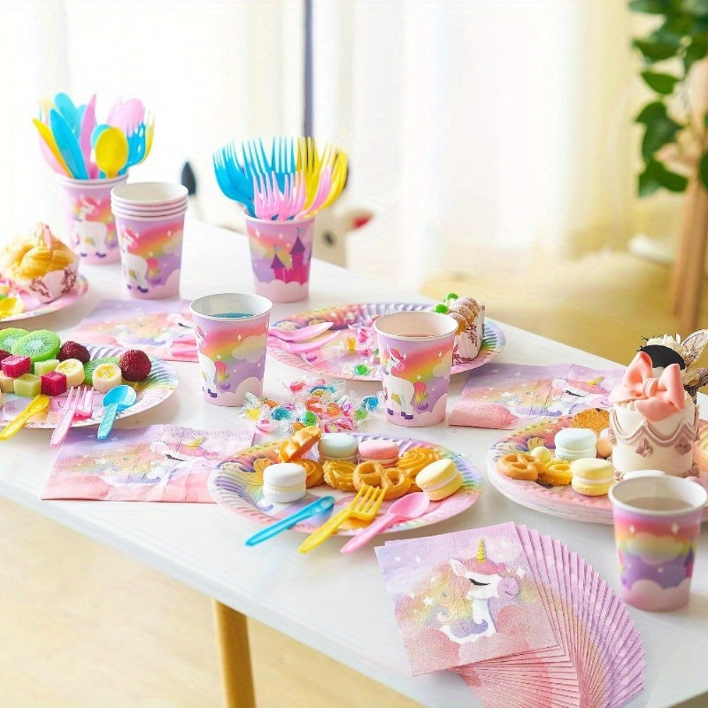 Unicorn Tableware Party Supplies Set with 145 Pieces for 24 Settings, Cups, Cutlery and Banner — image 5