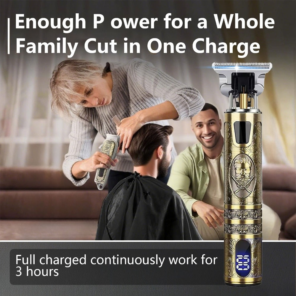 Hair Clippers & Trimmers Vintage Gold T-Blade Model with LCD Display, USB Charging and Three Etched Designs — image 10