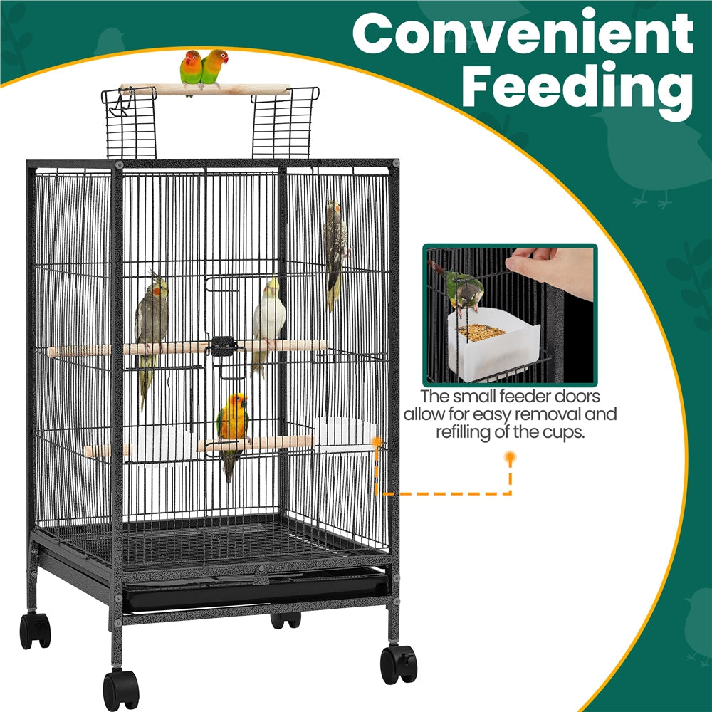 Bird Cage with Rolling Stand Open Top 31 Inch Wrought Iron Black – Slide Out Tray Feeder Doors, for Everyday Bird and Small A