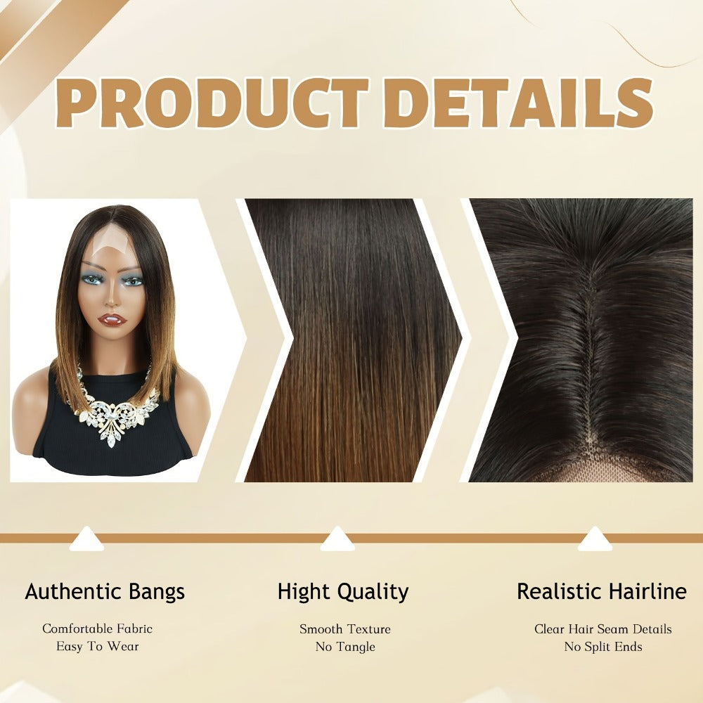 Synthetic Wig 13x2 U-Part Lace Front Straight Bob, 12-Inch Ombre Black-Brown for Daily Styling — image 8
