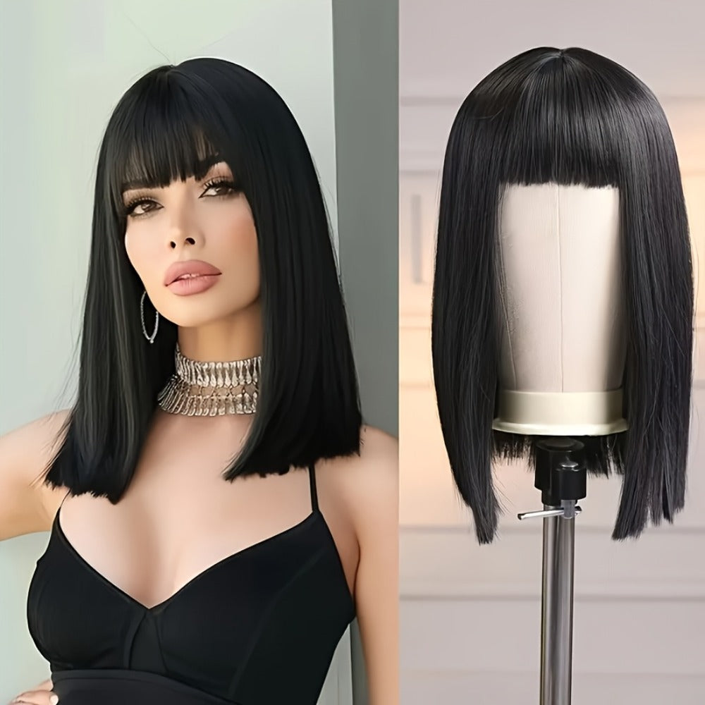 Synthetic Wig 16-Inch Black Straight Blunt Bob with Bangs, 180% Density and Rose Net Cap for Office Wear — image 5