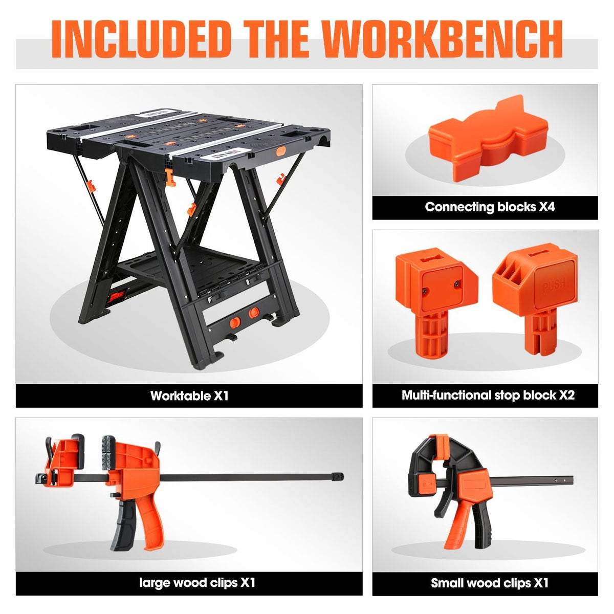 Orange-and-Black Folding 31.1 x 25-Inch Workbench and Sawhorse with Clamps, Blocks and Tool Tray — image 3