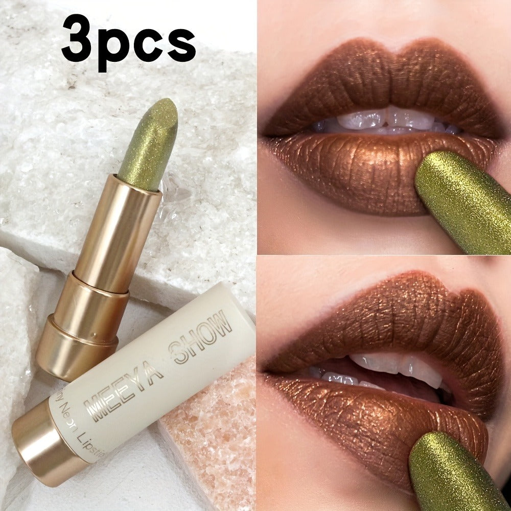 Sparkling Golden Brown Glitter Lipstick Set 3 Pcs, for Makeup, Travel and Everyday Vanity Use — image 2