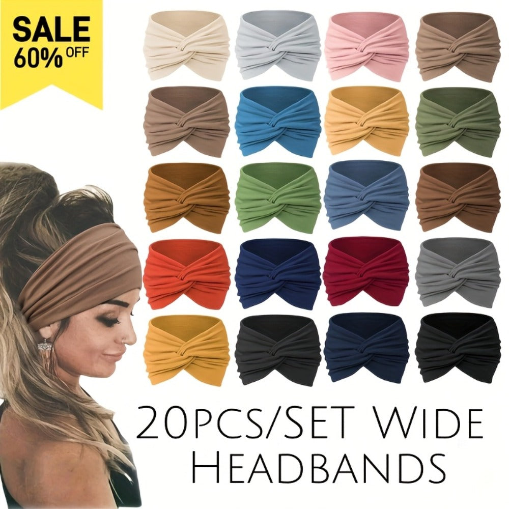 Stretchy Headbands 20 Pack for Women & Men – Soft Sweat-Wicking Non-Slip Elastic Turban Knot Hair Wraps Breathable Solid Colo