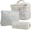 Quilted Floral Makeup Bag Set 3PCS Large Capacity Dual Layer Cotton Cosmetic Bags Coquette Aesthetic Travel Toiletry Organize