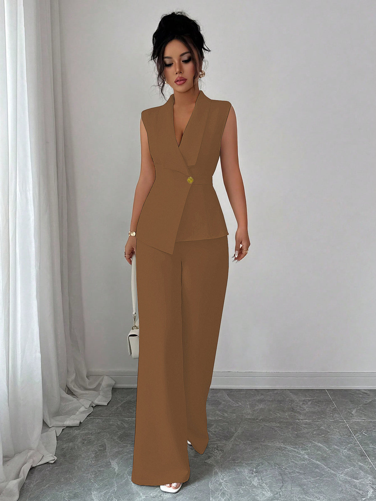 Solid Color Vest Straight-leg Trousers Suit For Women