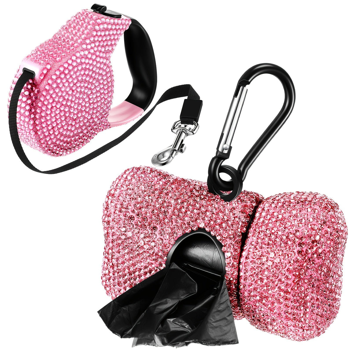 Pink Rhinestone Retractable Dog Leash with Bone-Shaped Waste Bag Dispenser, Metal Clip and One Roll — image 1