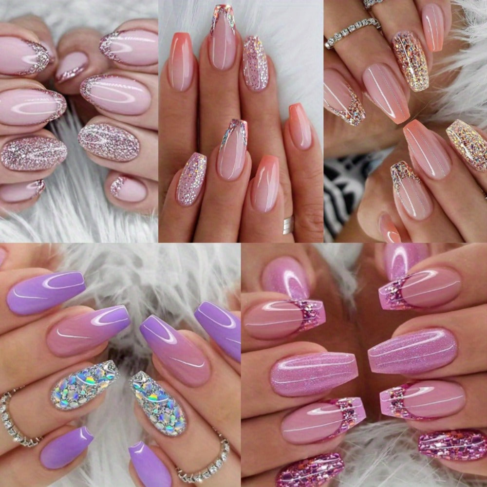 Press On Nails 120-Piece Medium Coffin Five-Pack Pinkish Purple Glitter Sequin Glossy Full-Cover Set — image 9