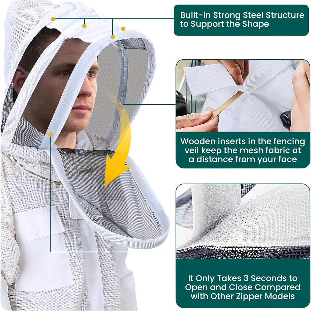 Beekeeping Suit Triple Layer Sting-Resistant Gloves 2 Veils S-3XL for Garden, Patio and Yard Use — image 12