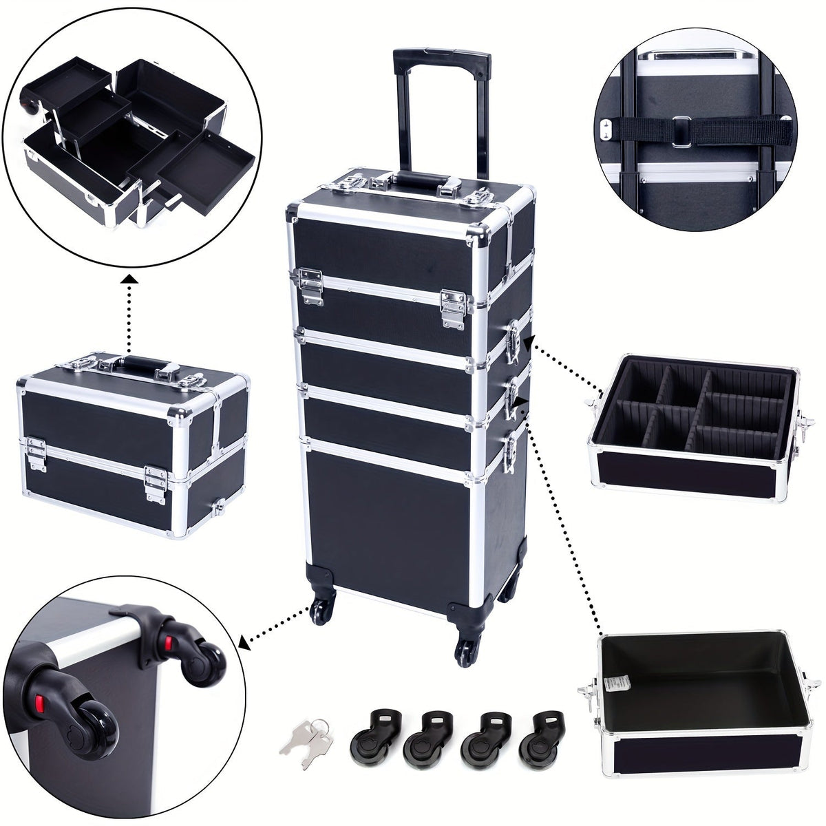 Rolling Makeup Case Aluminum 4-in-1 Extra Large Professional Cosmetic Trolley with 360° Swivel Wheels for Makeup Artist Tatto
