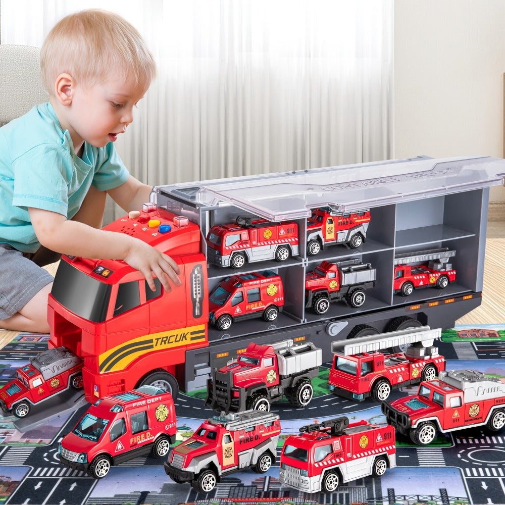 Fire Truck Toy Set for Kids Ages 3-6, Die-Cast Metal Carrier Truck with Play Mat, Emergency Vehicle Collection — image 10