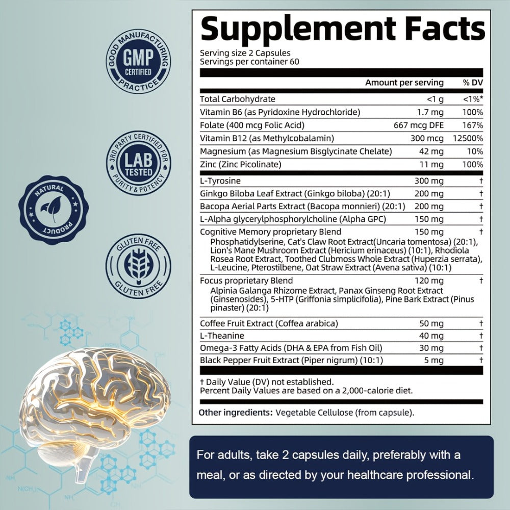 Memory Focus Brain Supplement 120 Capsules, Advanced Nootropic Formula with Ginkgo Biloba, Bacopa Monnieri — image 8