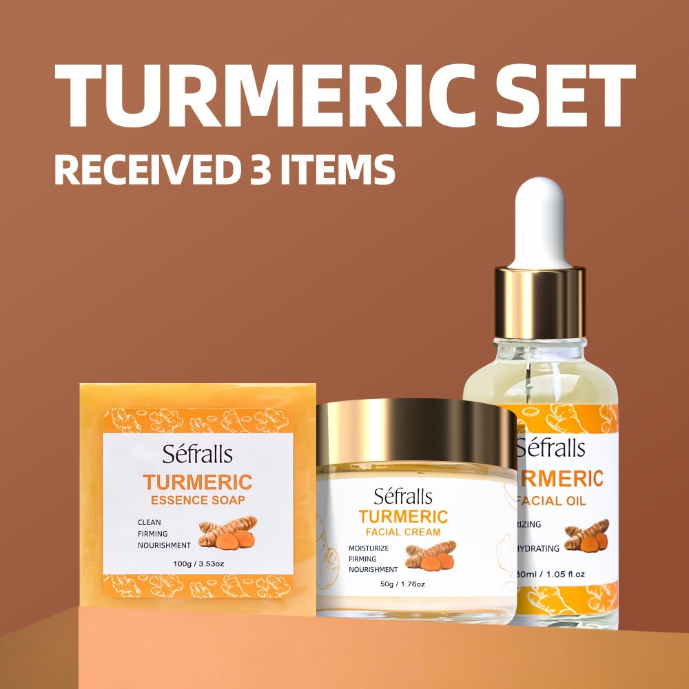 Turmeric Skincare Set 3 Pcs – Turmeric Face Cream, Facial Soap & Essential Oil Kit for Deep Pore Cleansing, Brightening & Moi