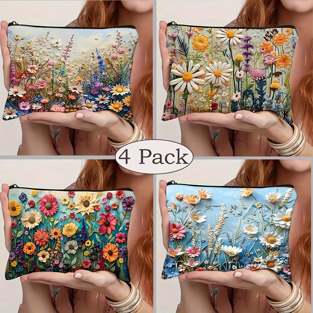 Makeup Bag Four-Piece Daisy Floral Foldable Zipper Pouch Set for Travel, Vanity and Everyday Beauty Storage — image 4
