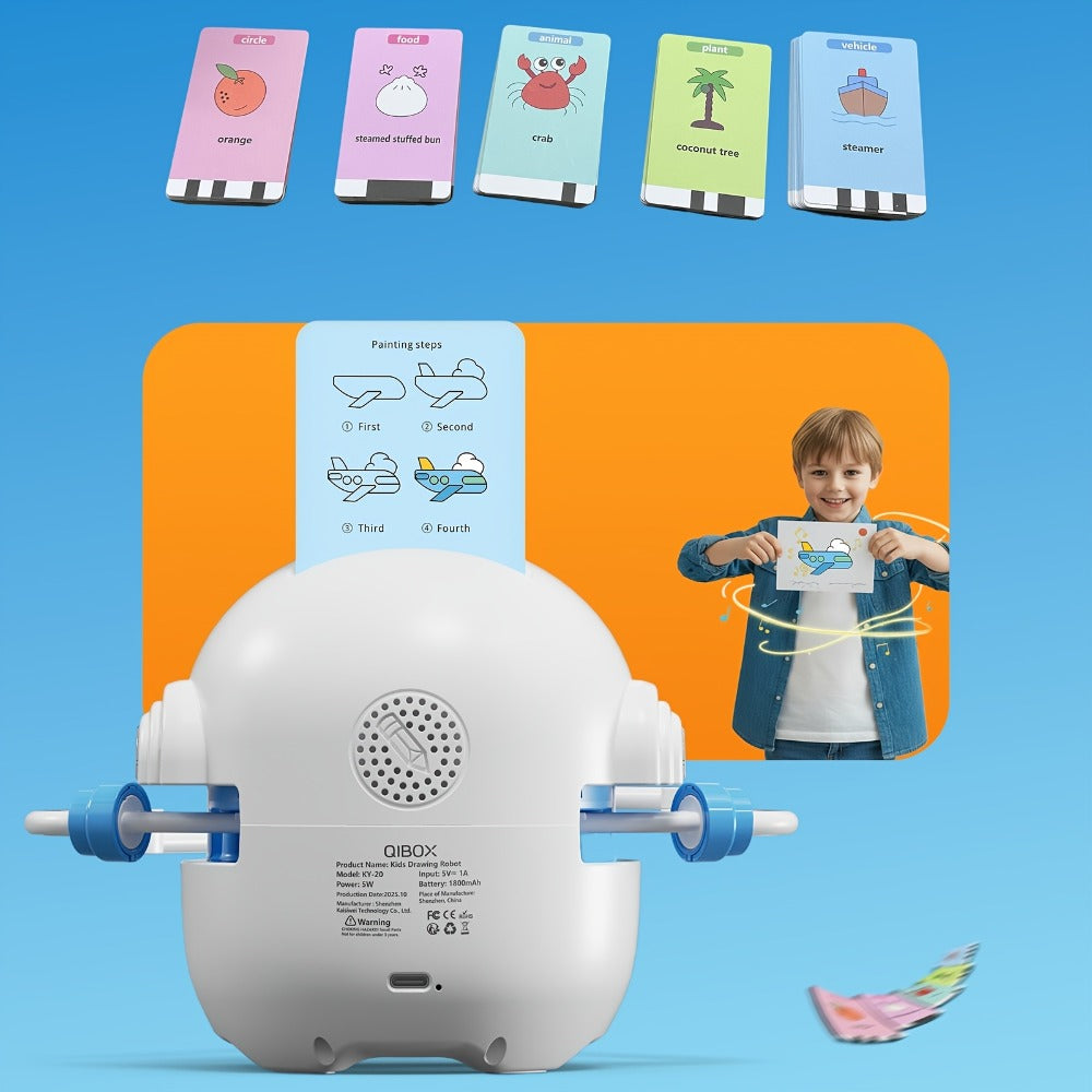 Drawing Robot for Kids Ages 3-8, Rechargeable 4-in-1 Interactive Learning Machine with 100 Drawing Cards & Color Pens — image