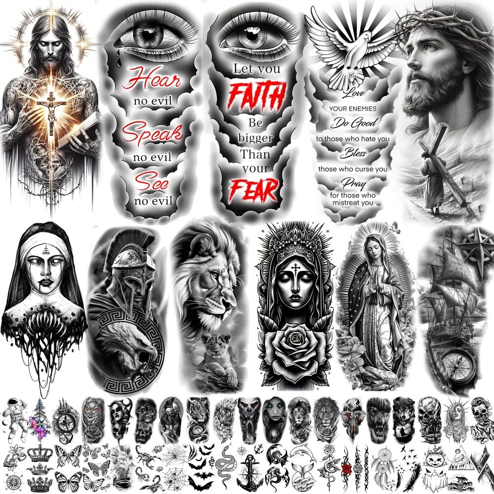 Temporary Tattoos, 68-Sheet Faith and Quote Set with Prayer, Peace, Lion, Eye and Tribal Motifs — image 1
