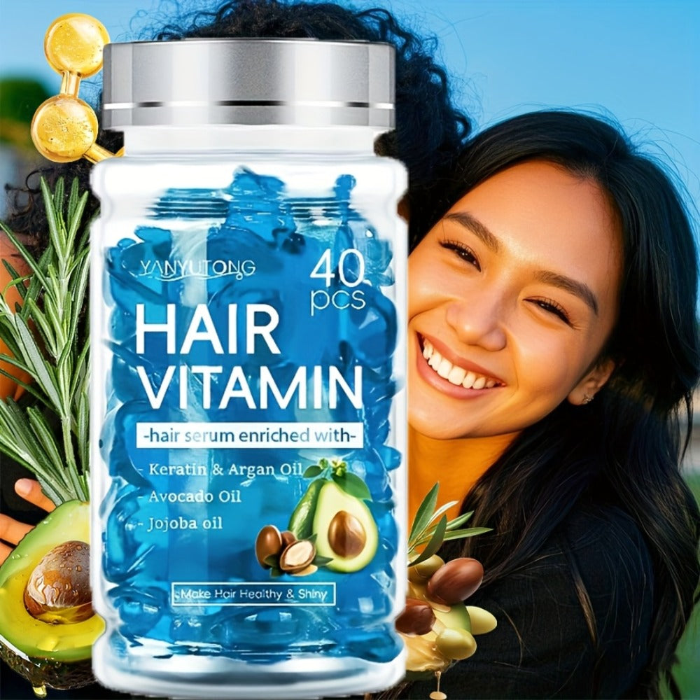 Hair Oil Capsules 40pcs – Keratin Hair Vitamin Essence with Moroccan Argan Oil, Avocado Oil & Jojoba Oil | No-Rinse Deep Nour