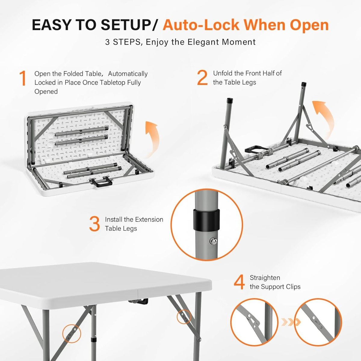 Portable Square Bi-Fold Table with Carry Handle in Black or White, Approximately 34 Inches Wide — image 10