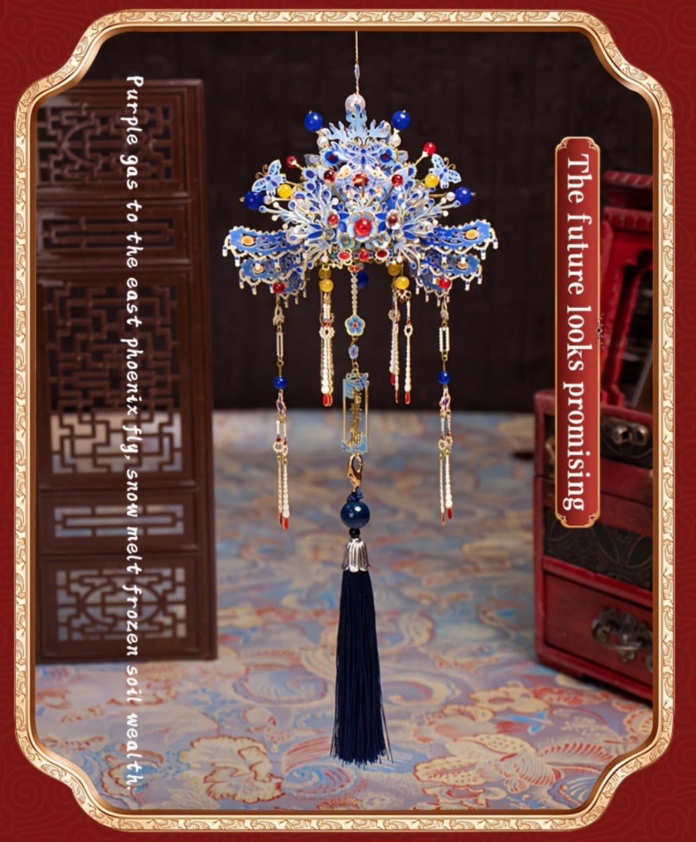 3D Metal Puzzle Phoenix Crown Qingluan – Blue & Gold DIY Assembly with Beads & Tassels, Chinese Mythology Art Collectible — i