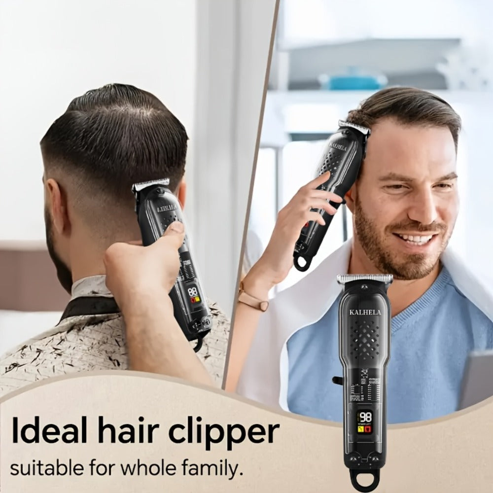 Transparent Electric Hair Clipper with Digital Display, Four Guide Combs, Grooming Tools and Red, Black or Blue Finish — imag