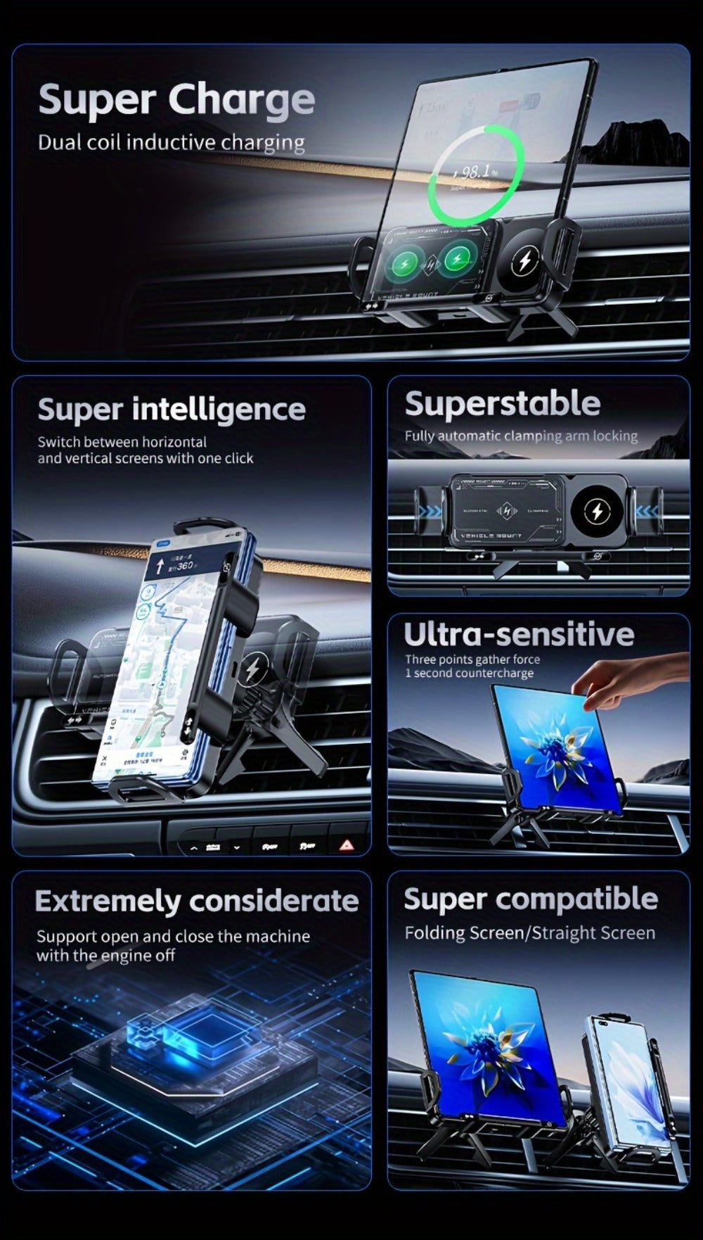 Dual-Coil Wireless Charging Car Mount with 15W Label, Fold-Screen Support and Three Configurations — image 13