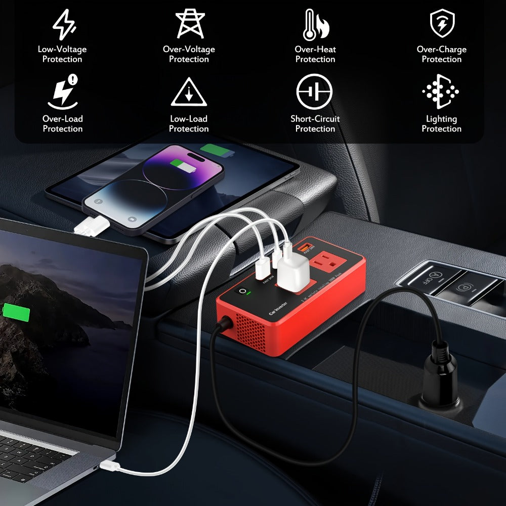 Car Power Inverter 200W – 12V DC to 110V AC, 4 USB Ports (PD & QC 3.0), Fast Charging Car Outlet Adapter for Road Trips — ima