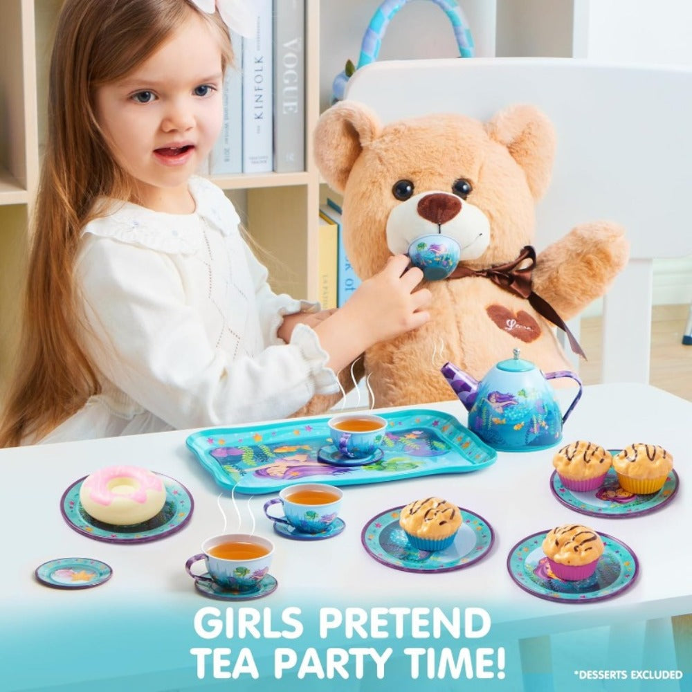 Mermaid Tea Party Set for Girls 21pcs, Tin Teapot, 4 Cups, Saucers, Plates & Carrying Case, Pretend Play Kitchen Toy for Todd