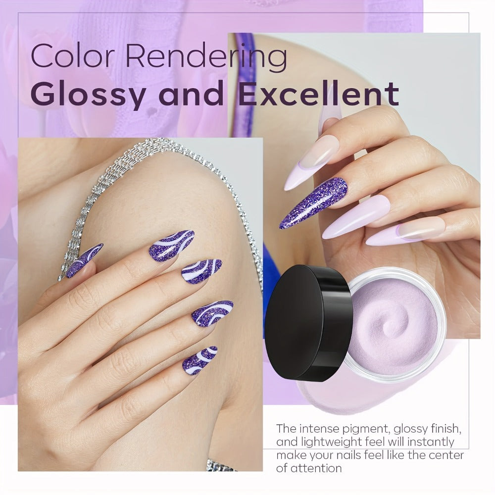 Dip Powder Nail Kit with NOCIS Label, Four Lilac Lavender Purple Glitter Powders, Three 10ml Liquids and Tools — image 10