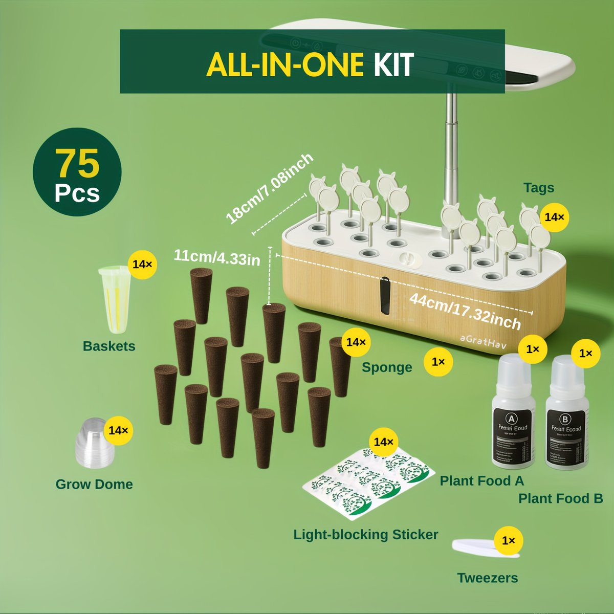 Hydroponic Garden Kit 14-Pod with LED Grow Light – Smart Timer, Quiet Pump & 1.32 Gal Tank, 75-Piece Indoor Herb Garden Syste