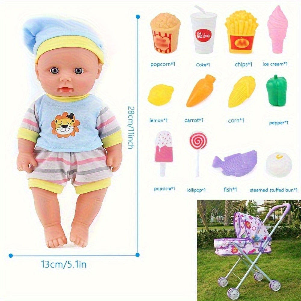 11-Inch Baby Doll and Folding Stroller Playset with 12 Food Accessories in Pink or Purple Color Options — image 7
