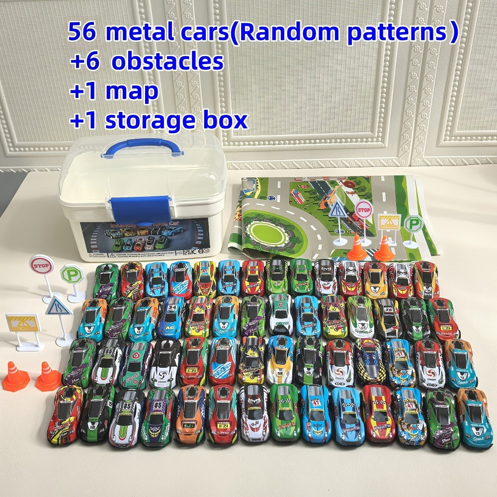 64 Pcs Pull Back Toy Car Set with City Map, Traffic Signs & Storage Box, 56 Mini Die-Cast Vehicles for Kids Boys Girls Ages 3