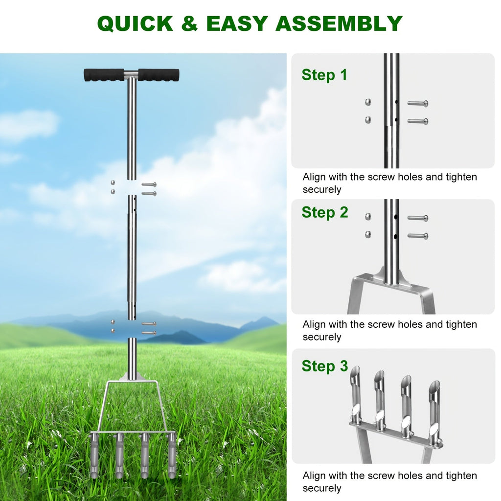 Four-Tine Manual Lawn Core Aerator in Black with T-Handle, Foot Bar and Hollow Plugging Tubes — image 3