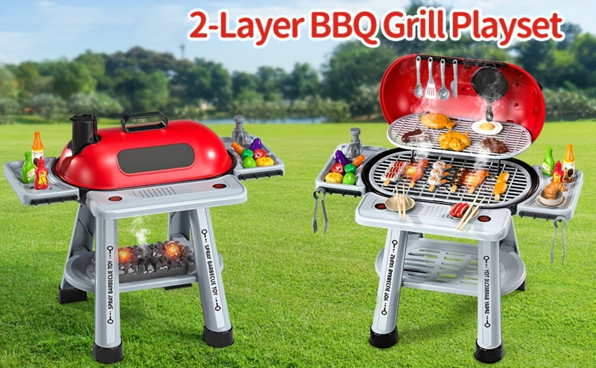 Kids BBQ Grill Playset Two-Tier for Grilling, Camping and Outdoor Meals with Toy Food Meats Fruits Spices & Working Water Tap