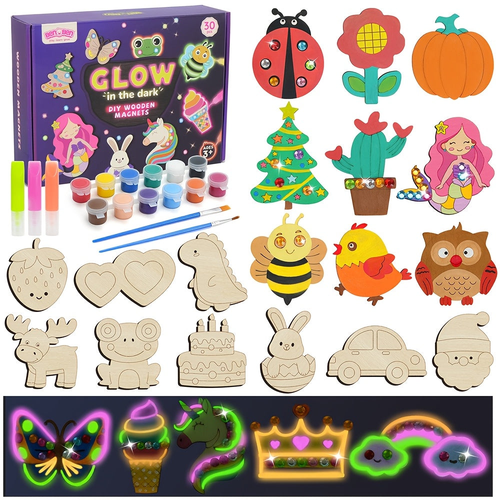 Glow in the Dark Craft Kit for Kids, 30pcs DIY Wooden Fridge Magnets Painting Set with Gem Stickers — image 7