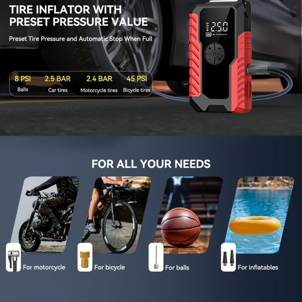 5-in-1 Jump Starter 5000A Peak – 10000mAh Power Bank, 150PSI Air Inflator, Type-C & LED Emergency Light for 12V Gas & Diesel 